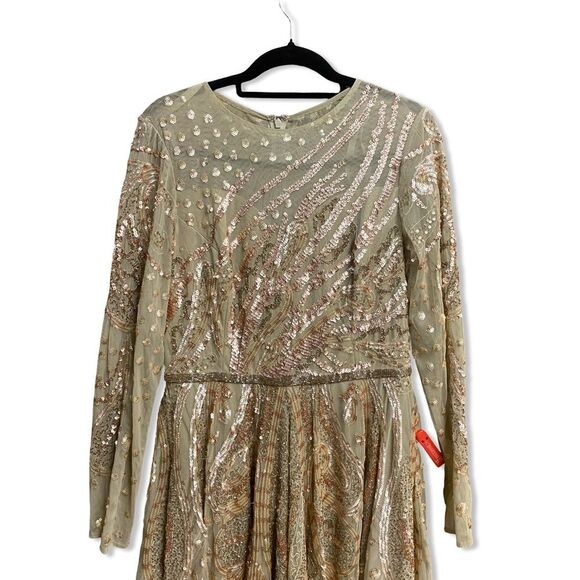 Mac Duggal 5572 dress beaded champagne midi long sleeve tulle cocktail gown 8 - Picture 6 of 9